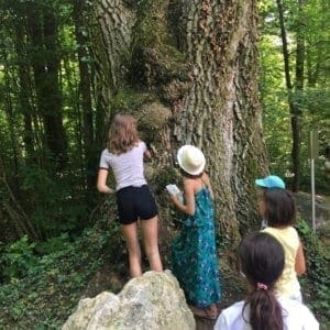 Enfants devant le Roi Lézard dans la forêt.