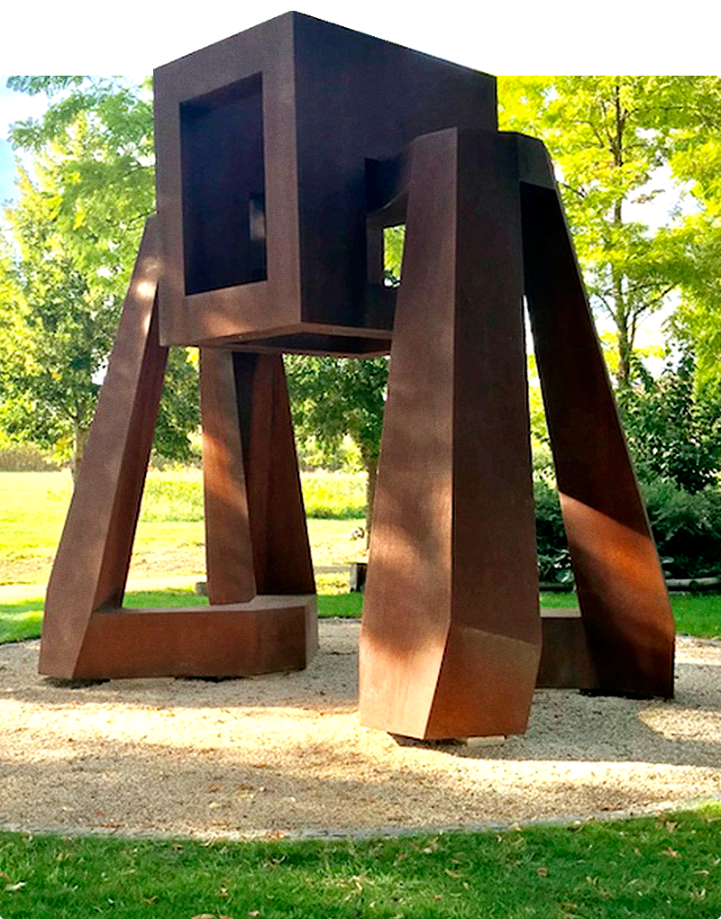 Oeuvre en acier corten de Gilian White exposée dans le jardin de Muni du Château de Vullierens.