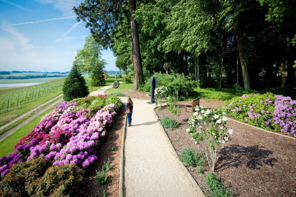 Plan aérien du jardin de Daria du Château de Vullierens avec les rhododendrons en fleurs.