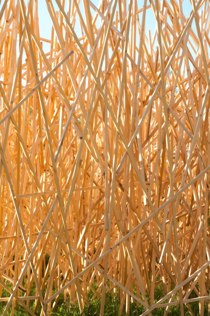 Vue très rapprochée de l'oeuvre monumental Paradigme de Mireille Fulpius.