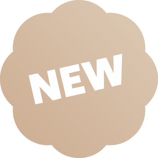 Icône illustrant une pastille beige dans laquelle est noté en blanc "NEW" pour informer des nouveautés de la boutique en ligne.