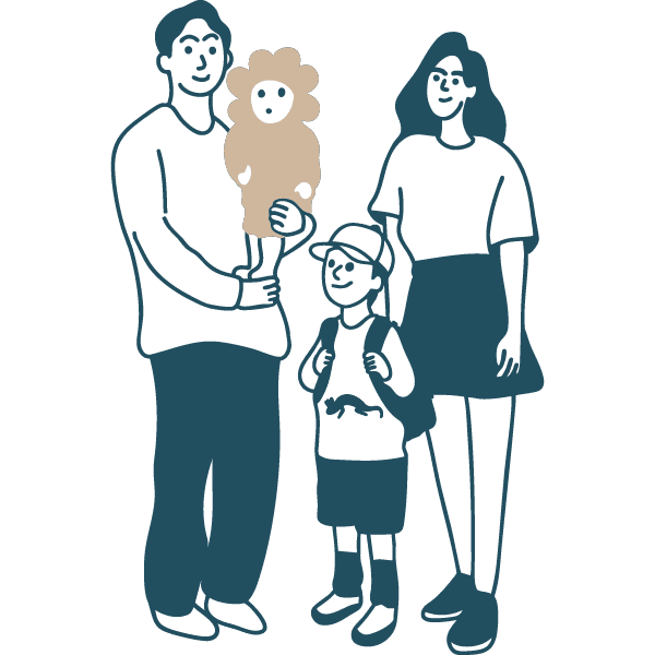 Illustration en bleu et beige d'un couple avec 2 enfants passionn&eacute; par les moments familiaux qui illustre la cible "famille" du Ch&acirc;teau de Vullierens.