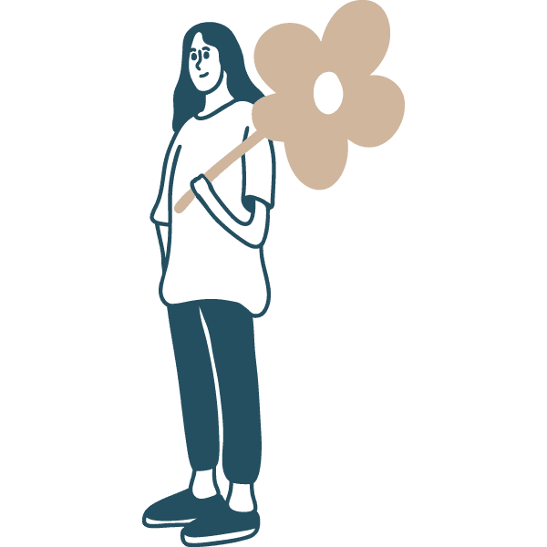 Illustration en bleu et beige d'un jeune femme passionn&eacute;e de fleurs qui illustre la cible "jardin" du Ch&acirc;teau de Vullierens.