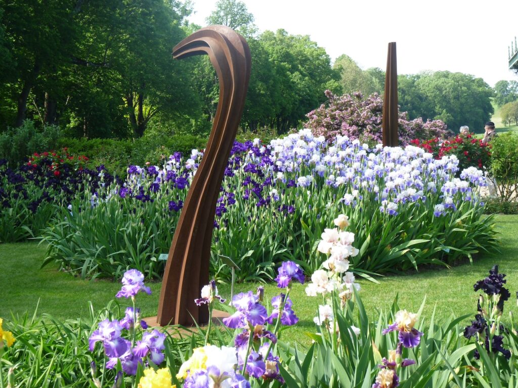 Oeuvre d'Herbert Mehler à découvrir dans le jardin de Doreen du Château de Vullierens. L'oeuvre métallique est entourée d'iris en fleurs.