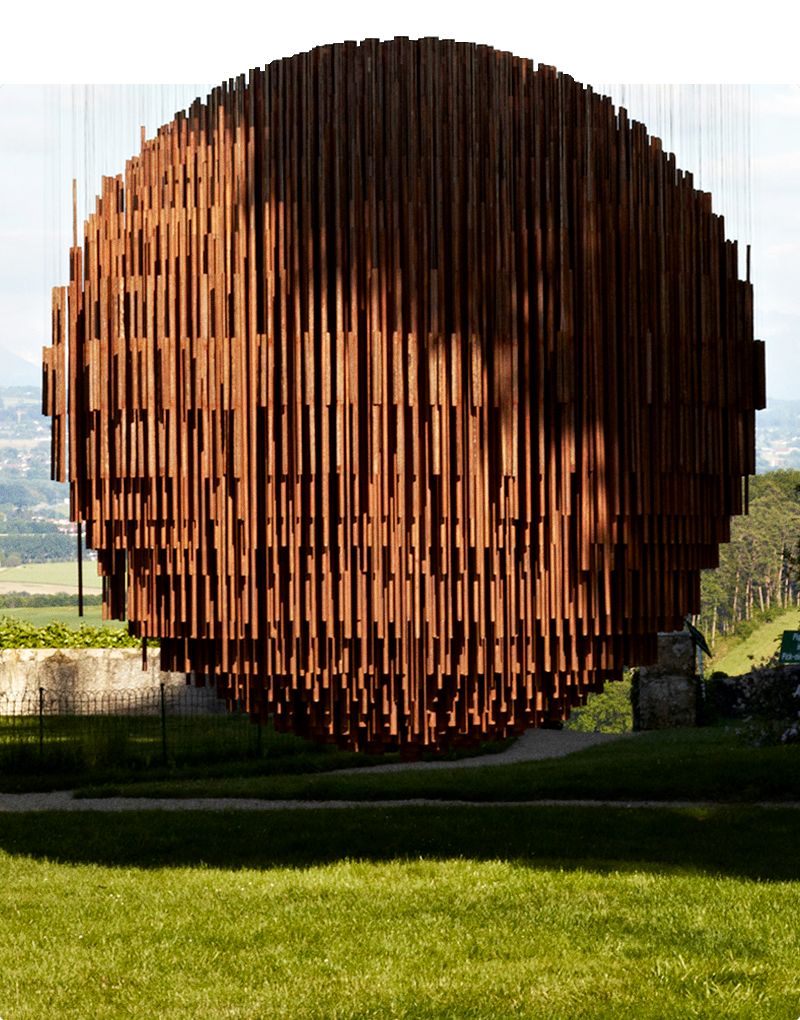 Close-up of Etienne Krahenbuhl's metal sphere called “Bing Bang.”