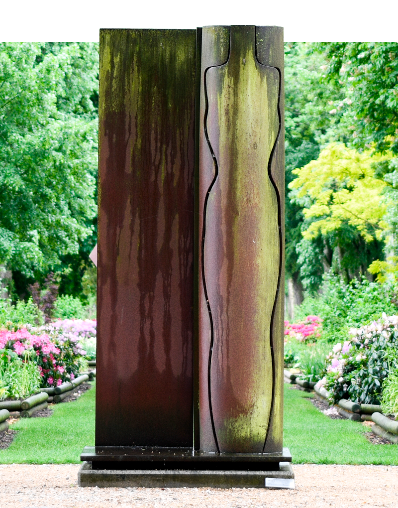 Steel artwork by Manuel Torres in which a woman's body is cut out.