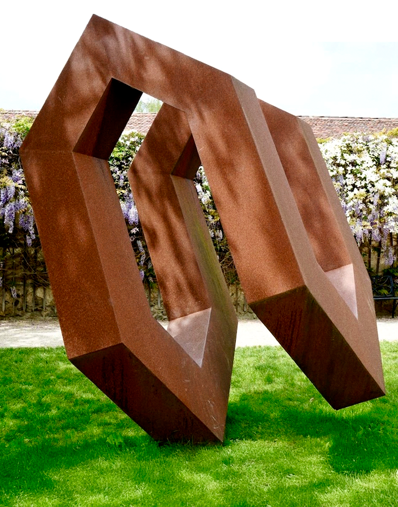 Steel artwork depicting a house, by artist Werner Pokorny.