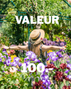 Bon cadeau d'une valeur de 100 francs. L'image utilisée est une femme écartant les bras au milieu du jardin d'iris avec un chapeau où il est inscrit "dreams come true".