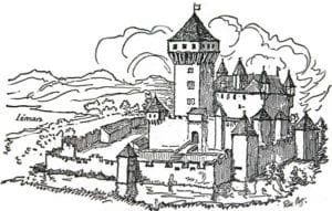 Dessin en noir et blanc de l'ancien Château Fort (médiéval) du Château de Vullierens.