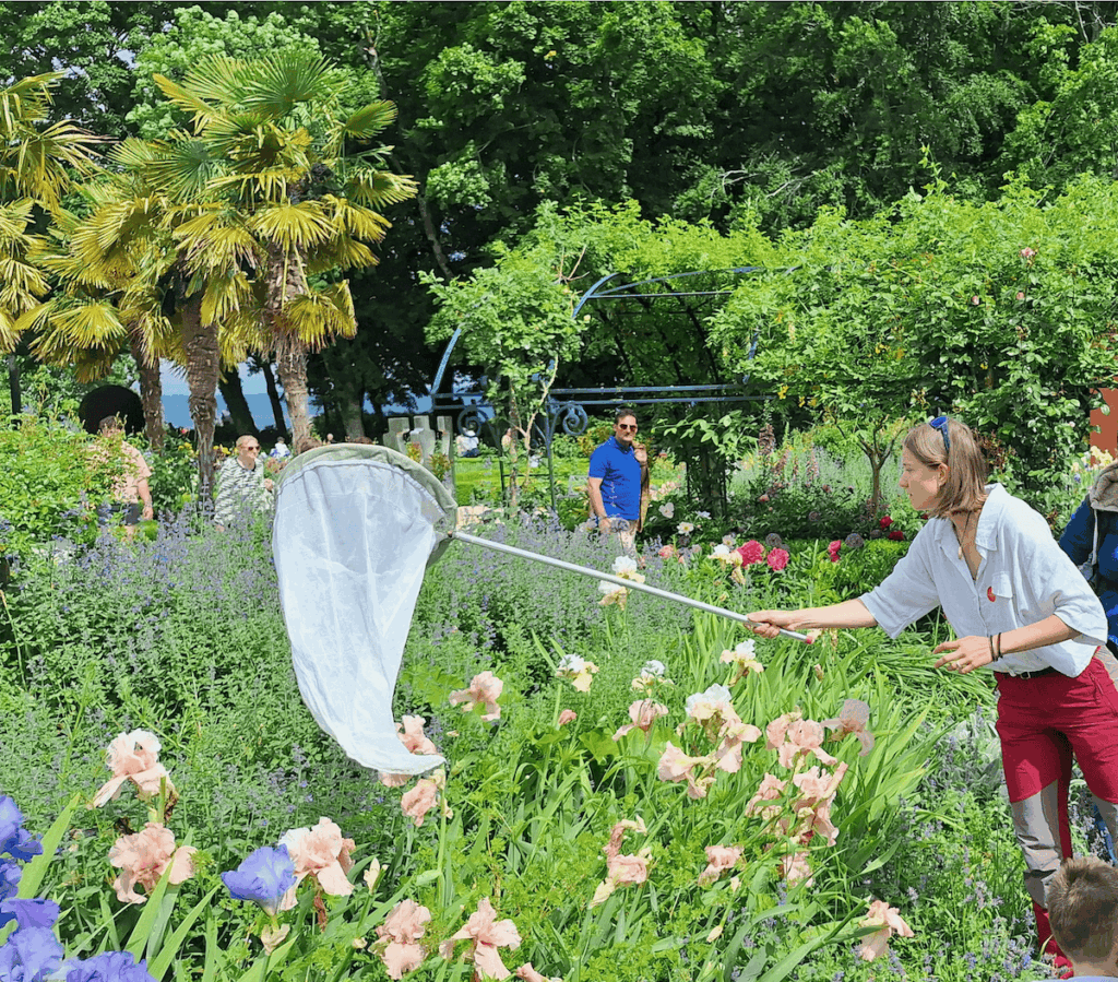 Julie Rossier en train d'animer son atelier sur les abeilles dans les jardins, elle est en train d'attraper des insectes en plein vol avec un filet.
