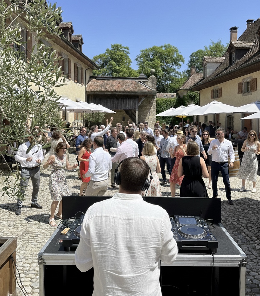 Adultes en train de danser et profiter d'un DJ dans le cour du Château avec un verre de vin à la main dans le cadre de nos soirées DJ. WINE. Raclette 2026. Image générée par une IA.