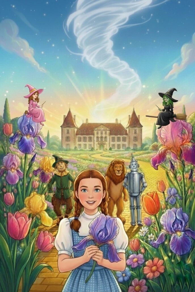 Affiche du spectacle Le Magicien d'Oz qui se déroulera en août et septembre 2026 dans les jardins du Château de Vullierens. L'affiche est très colorée, on y voit une petite fille avec une iris à la main dans un jardin fleuris avec des sorcières et différents personnages, comme un lion, un robot et un épouvantail.